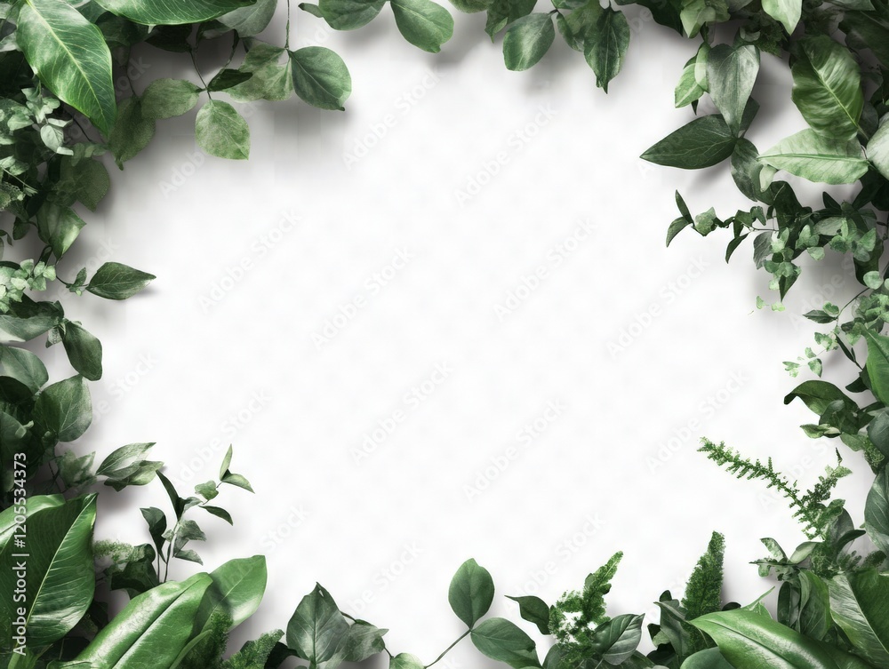 Fototapeta premium A decorative border of various green leaves on a transparent background.
