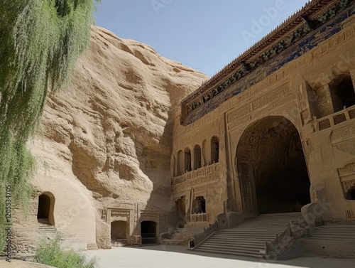 Ancient carved sandstone cliff dwellings with ornate details under a clear blue sky photo