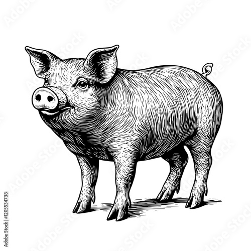 Charming illustration of a playful pig posing in a rural setting under bright sunlight