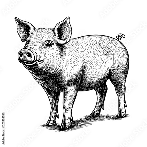 Charming illustration of a plump pig standing proudly in a rustic farmyard at dawn among rolling hills and green pastures