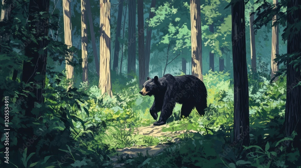Black Bear Walking in a Lush Forest Setting with Greenery Black Bear Walking in a Lush Forest Setting with Greenery