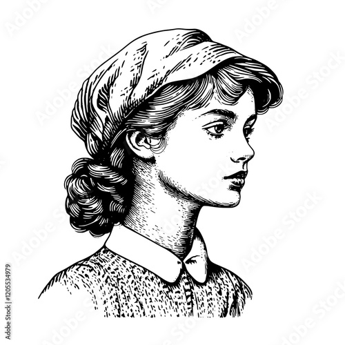 Captured in time, a graceful profile of a young girl wearing a vintage cap and a knitted sweater evokes nostalgia and innocence from a bygone era