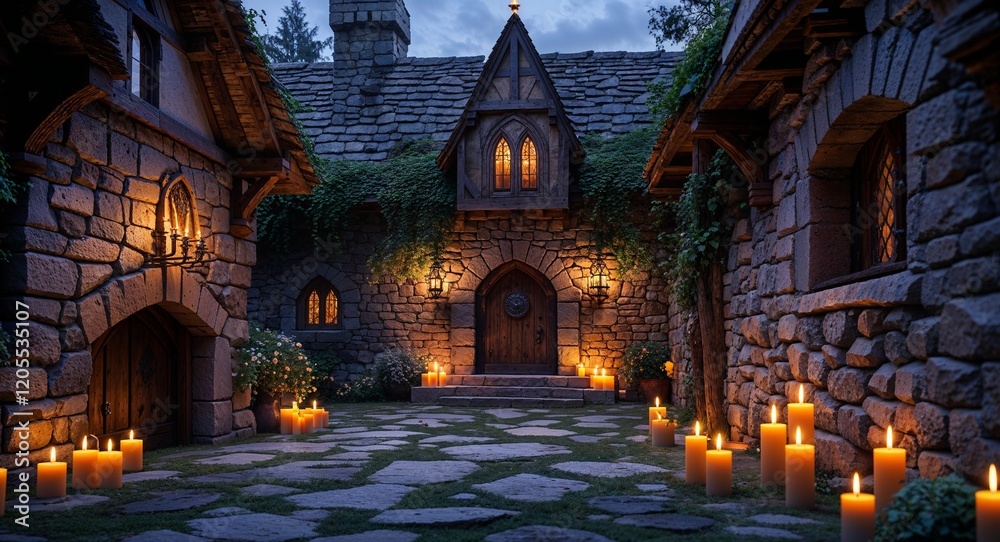 Quiet medieval home with stone walls and flickering candles background Quiet medieval home with stone walls and flickering candles background