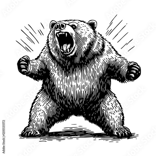 Imposing grizzly bear stands tall, roaring fiercely in a forested landscape during twilight hours