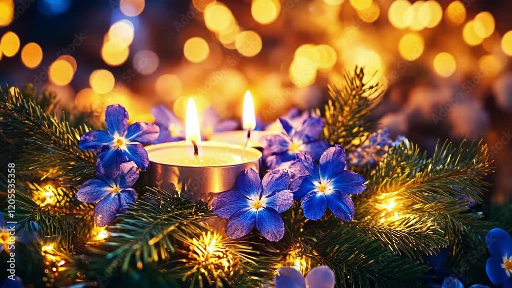 Blue and white candle arrangement with flowers and lights for festive decoration in finland