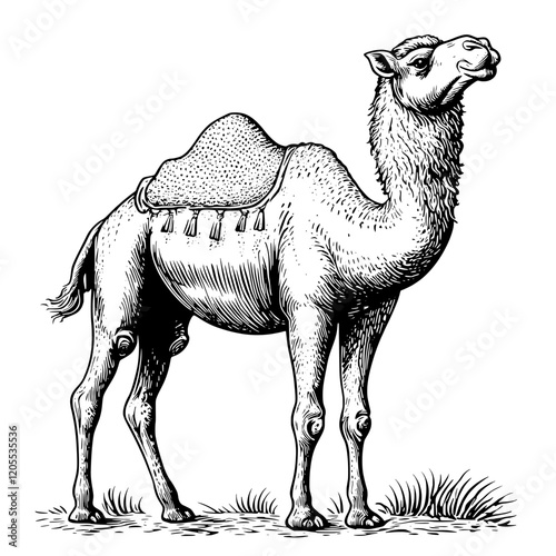 Tall and graceful camel standing alone in a sandy desert background during a warm sunset hour with intricate saddle adornments