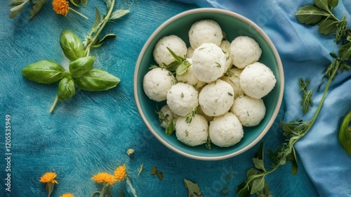 Wallpaper Mural Fresh Herb Cheese Balls in Bowl Surrounded by Greenery and Flowers Torontodigital.ca
