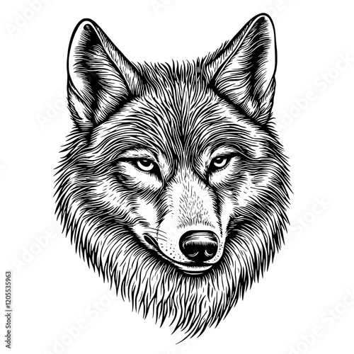 Majestic wolf portrait showcasing intricate details of fur and expression in a captivating black and white illustration