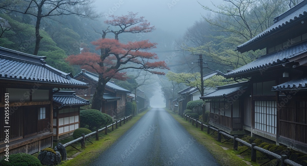 Quiet medieval Japanese road with misty atmosphere in early spring Quiet medieval Japanese road with misty atmosphere in early spring
