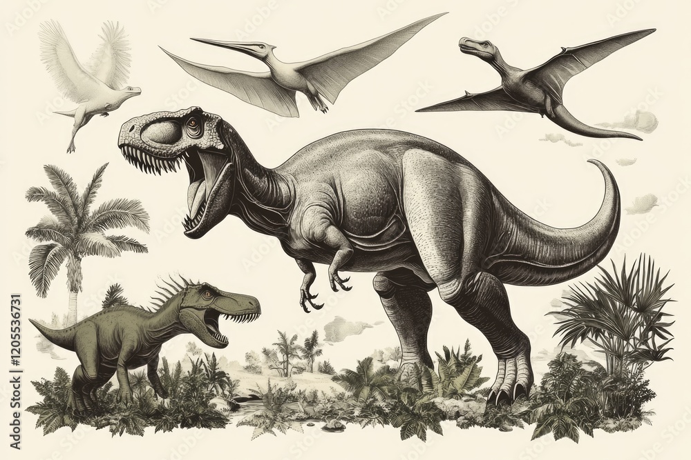 Fototapeta premium Dinosaur Park Features Roaring T-Rex, Friendly Triceratops, and Soaring Pterodactyls in a Prehistoric Landscape