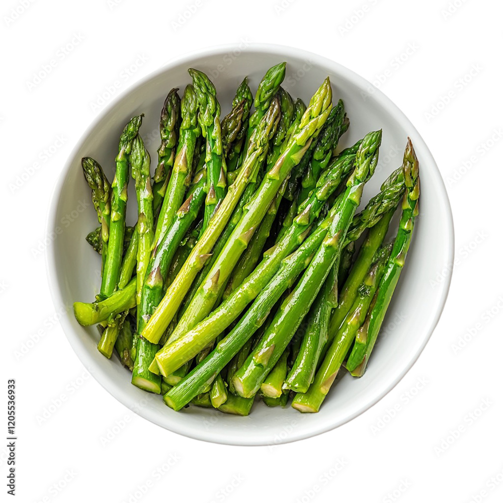 Fresh asparagus bowl top view isolated on transparent background. Fresh asparagus bowl top view isolated on transparent background.