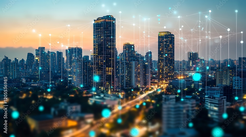 a city skyline with many buildings and dots a city skyline with many buildings and dots