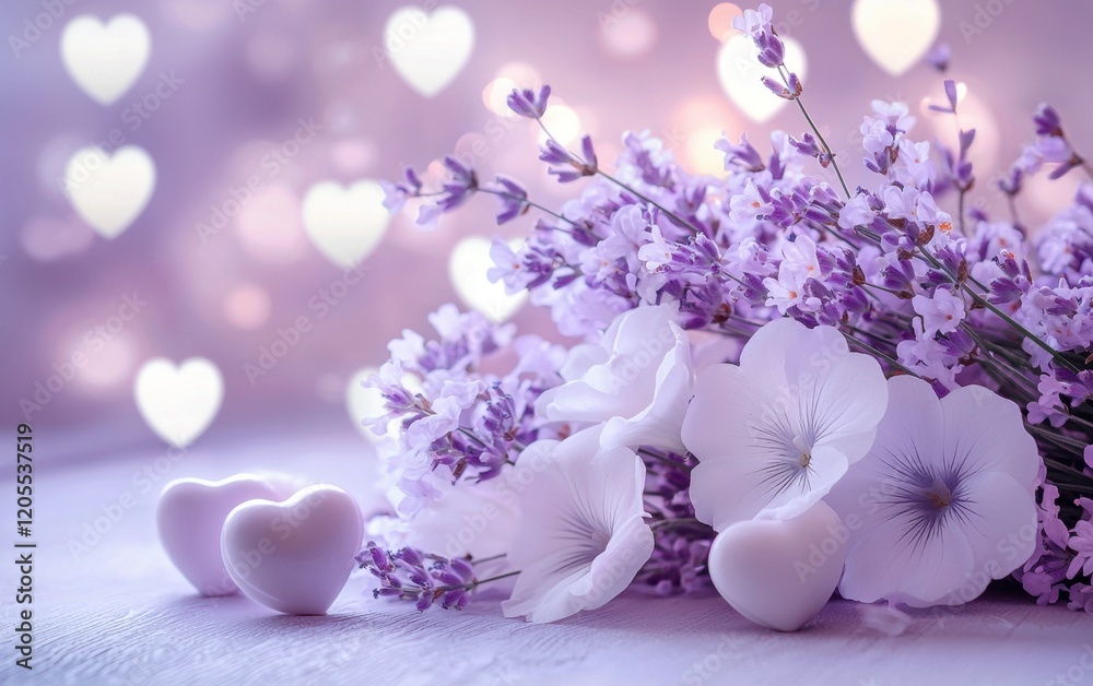 Light lavender and white floral arrangement with soft glowing hearts in the background, creating a peaceful and romantic setting Light lavender and white floral arrangement with soft glowing hearts in the background, creating a peaceful and romantic setting