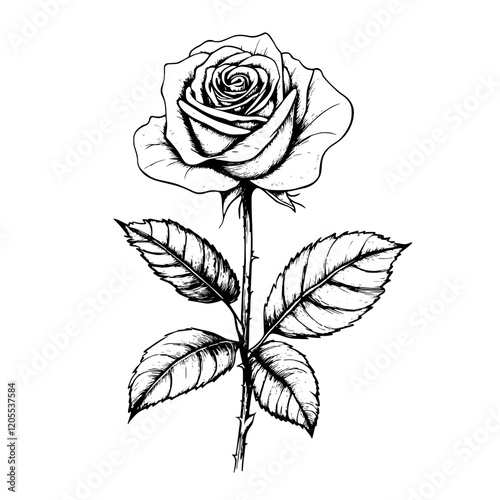 Elegant rose depiction showcasing intricate details of petals and leaves in a monochrome style for artistic inspiration