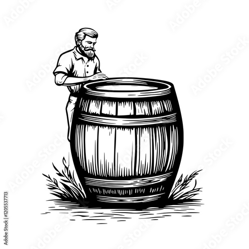 Crafting tradition with care, a skilled artisan works on a wooden barrel under the warm sunlight of a rustic landscape