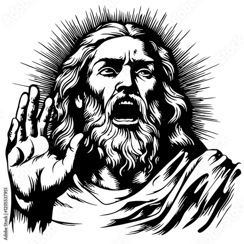 Divine expression of passion and authority captured in striking monochrome artwork portraying a powerful figure