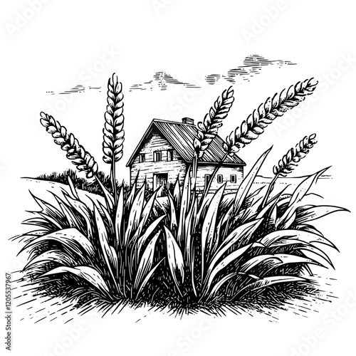Wheat stalks rise gracefully around a quaint farmhouse under a serene sky in the countryside