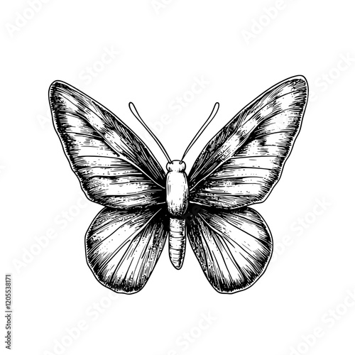 Intricate butterfly illustration showcasing delicate wings and captivating details in black and white elegance