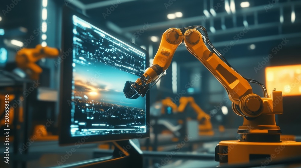 Naklejka premium Workers assembling and inspecting large flat-screen TVs on a high-tech manufacturing line. Precision and teamwork in the production of advanced electronic devices.