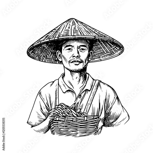 Skillful farmer with a bamboo hat holds a basket of fresh produce in a vibrant rural setting during a sunny day