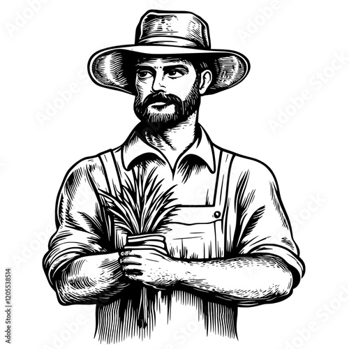 Farmer holding young plant with care in a rustic landscape at sunrise