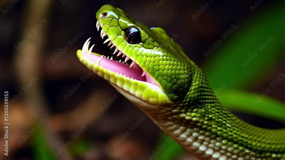 4k Slow Motion video of a jaw rearticulation of the jaw from a venomous Bush Viper Snake