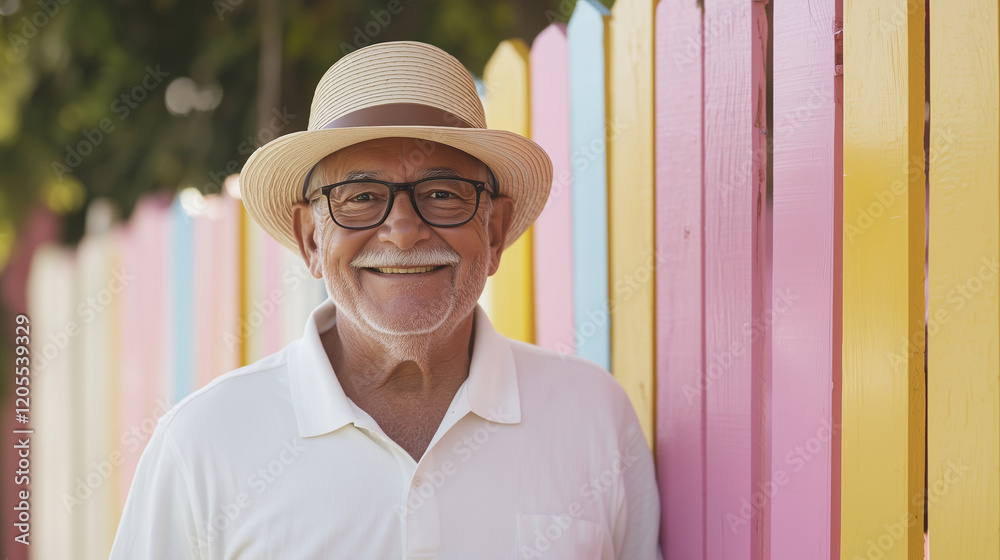 Fototapeta premium Happy Older Man Painting Fence in Cheerful Colors