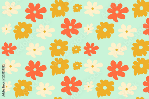 Trendy floral seamless pattern, vintage 70s style hippie groovy daisy colorful pastels flowers,retro design y2k