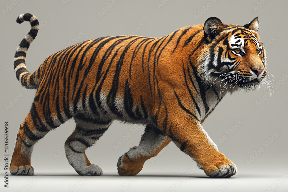 Obraz premium Majestic Tiger Walking Gracefully Across Plain Background