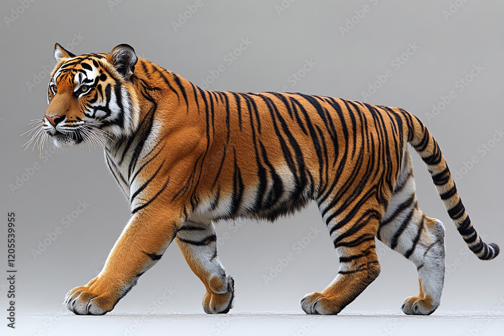 Obraz premium Majestic Tiger Walking Gracefully Across Neutral Background