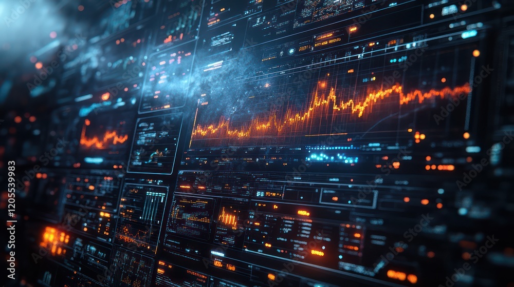 Futuristic Data Visualization: A dynamic display of information, charts, and graphs in a modern, technological interface. Futuristic Data Visualization: A dynamic display of information, charts, and graphs in a modern, technological interface.