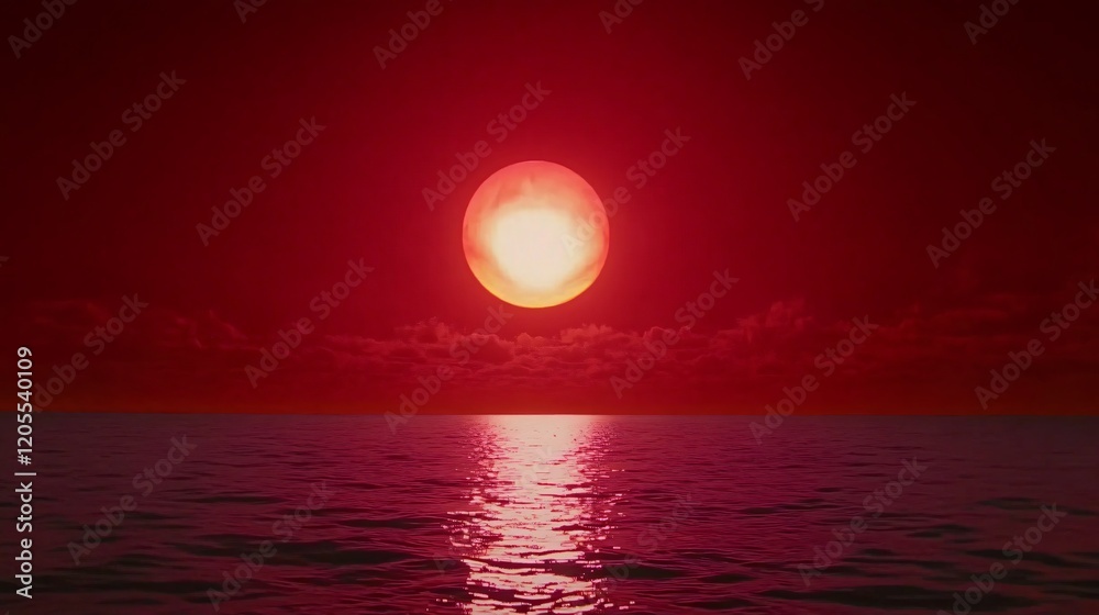 Fototapeta premium Crimson Sunset over Calm Ocean Dramatic Red Sky Seascape