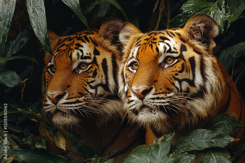 Fototapeta premium Two Majestic Tigers Hidden Amongst Lush Green Foliage
