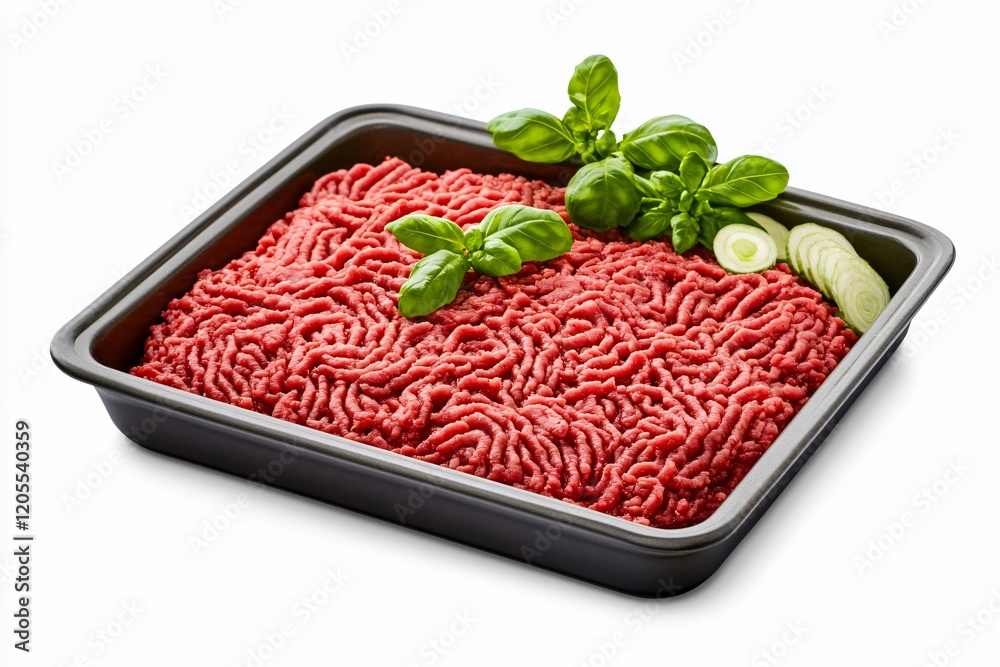 Fresh Ground Beef in Tray with Basil and Onion Fresh Ground Beef in Tray with Basil and Onion