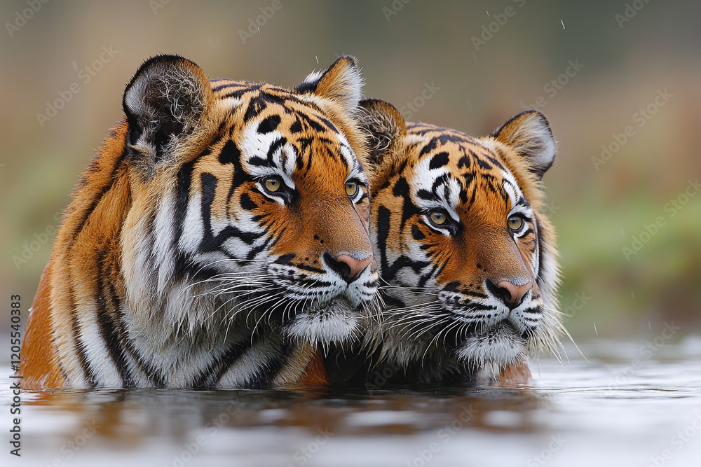 Two Siberian tigers huddle together in water Two Siberian tigers huddle together in water