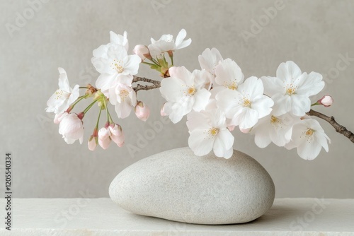 Fallen Sakura Petal Resting on Smooth Stone Against a Soft Gradient Background