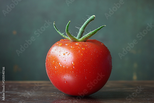 A single ripe red tomato sits on a wooden surface