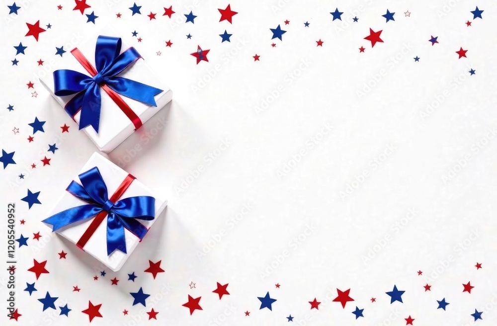 Fototapeta premium Top view of gifts packaged in white, blue and red flowers on a white background with colored stars with space for an inscription.