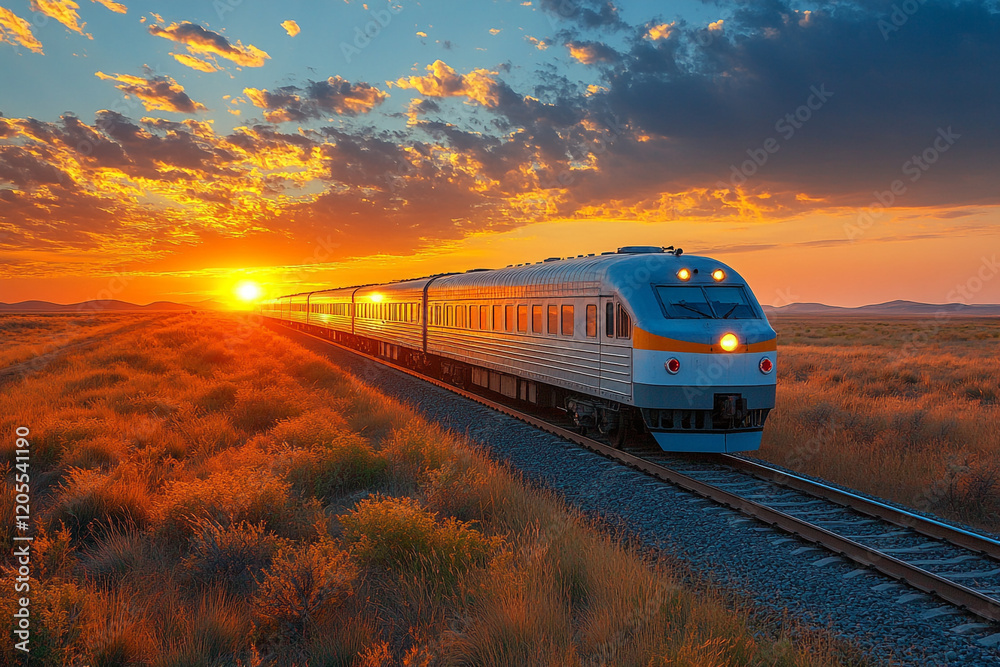 Fototapeta premium Sunset Train Journey Across Golden Grasslands