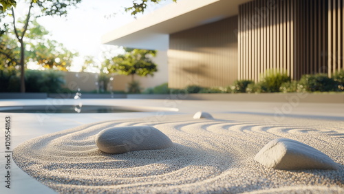 A minimalist zen garden with white sand arranged in a flowing pattern, accompanied by a few smooth stones. The design creates a peaceful and meditative atmosphere, evoking tranquility and harmony. photo