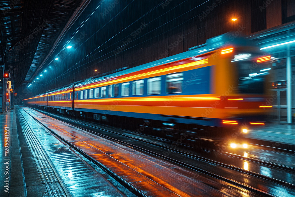 Fototapeta premium Night Train Speeding Through Rainy Station Platform