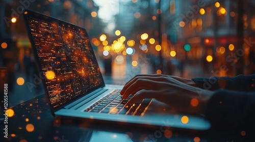 Night City Coder:  A programmer works on their laptop in the glow of city lights, data streams illuminate the screen.