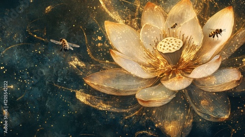 Golden Lotus Flower with Bees and Sparkling Background