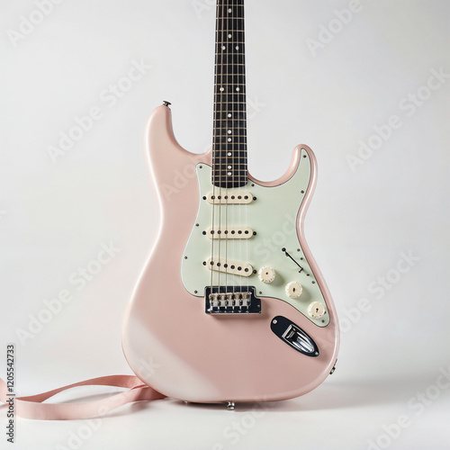 Pink electric guitar on white background