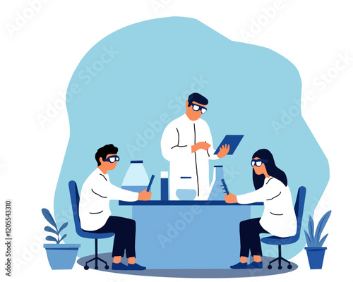 Illustration of a team of scientists conducting experiments in a lab, representing research, teamwork, innovation, and scientific discovery