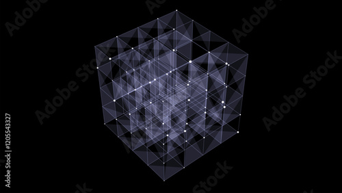 3D futuristic geometric cube with purple dots and lines. Abstract wireframe blockchain. Science vector background. Structure technology network connection. Ai in dark cyberspace background.
