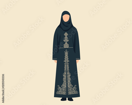 Illustration of a Muslim woman wearing a black abaya with golden embroidery, representing modesty, culture, and traditional Islamic clothing