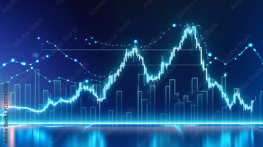 Naklejka premium Futuristic Financial Chart with Glowing Blue Graphs on Deep Gradient Background