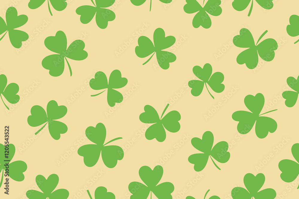 Seamless pattern of clover leaves for St. Patrick's Day. Clover leaves in flat style on yellow background. Suitable for wrapping paper, wallpaper, background, card and decoration. Vector