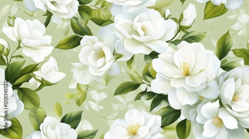 Wallpaper Mural Gardenia Elegance, intricate white gardenias on a soft green backdrop, perfect for textiles and wallpaper designs, seamless and harmonious Torontodigital.ca